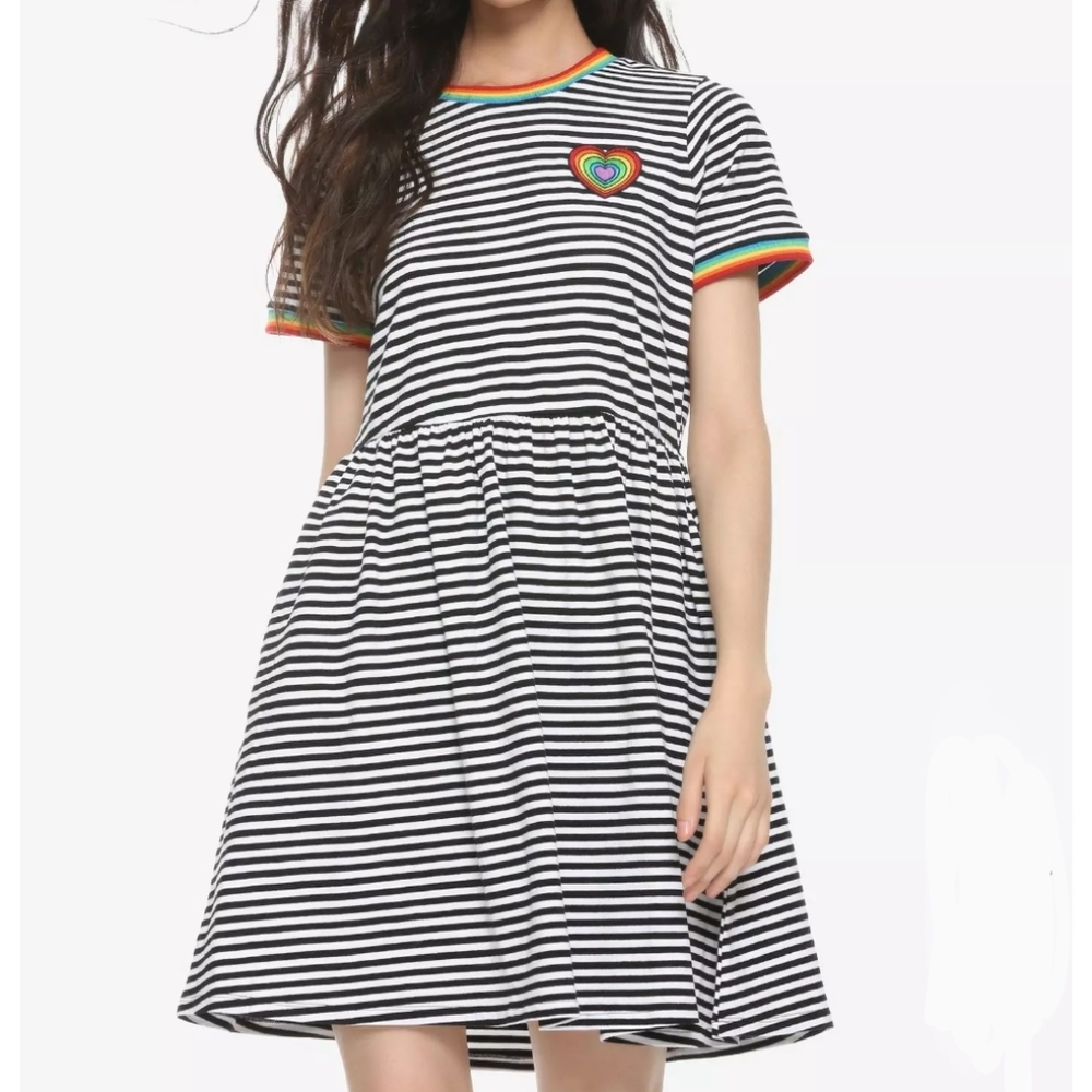 Hot Topic Black and White Striped Dress with Rainbow Trim